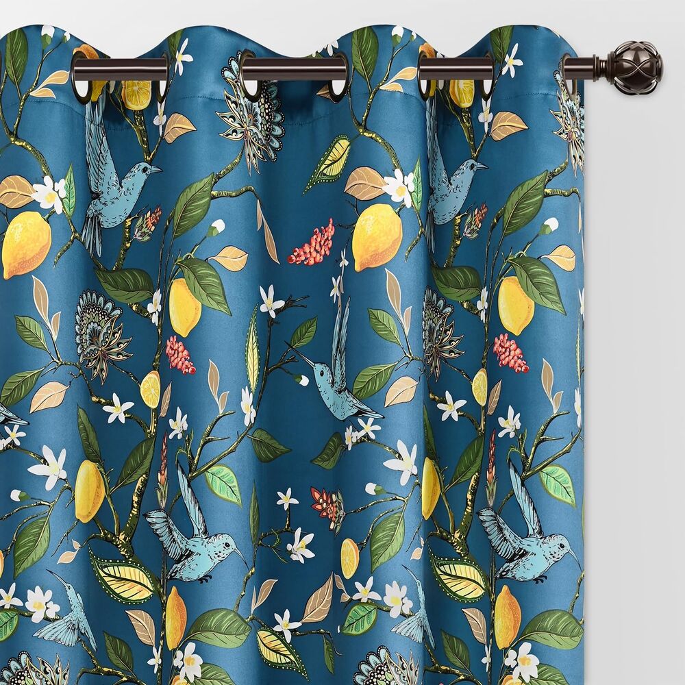 Set of 2 Curtain Panels, 52"W x 84"L 100% Blackout Curtains Blue Lemon Floral